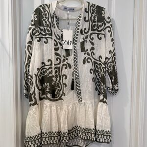 Zara Olive Green and White Patterned Blouse